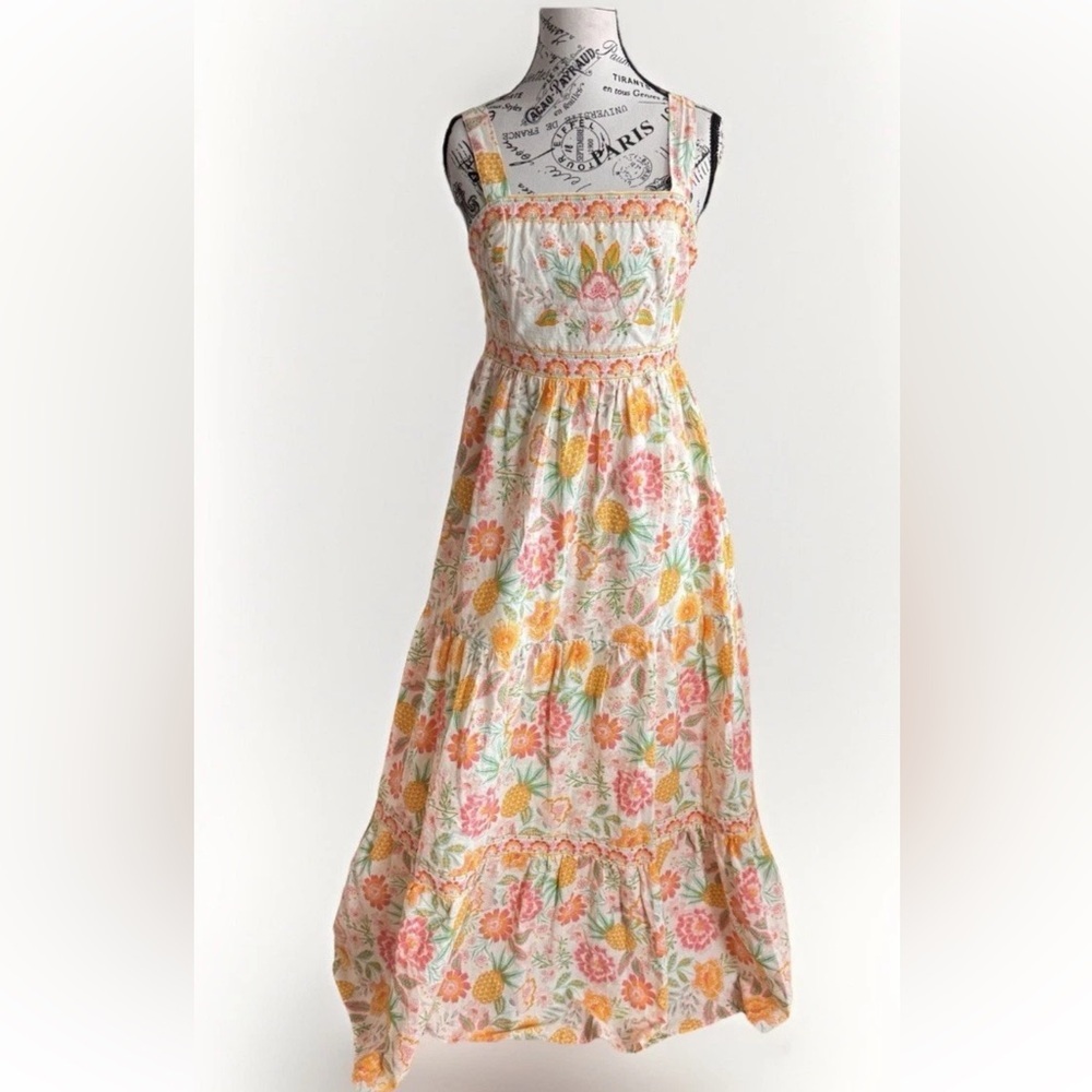 Rachel Zoe Floral Boho Tiered Ruffle Maxi Dress Pineapple Tropical Cotton Size 4 - Picture 3 of 14